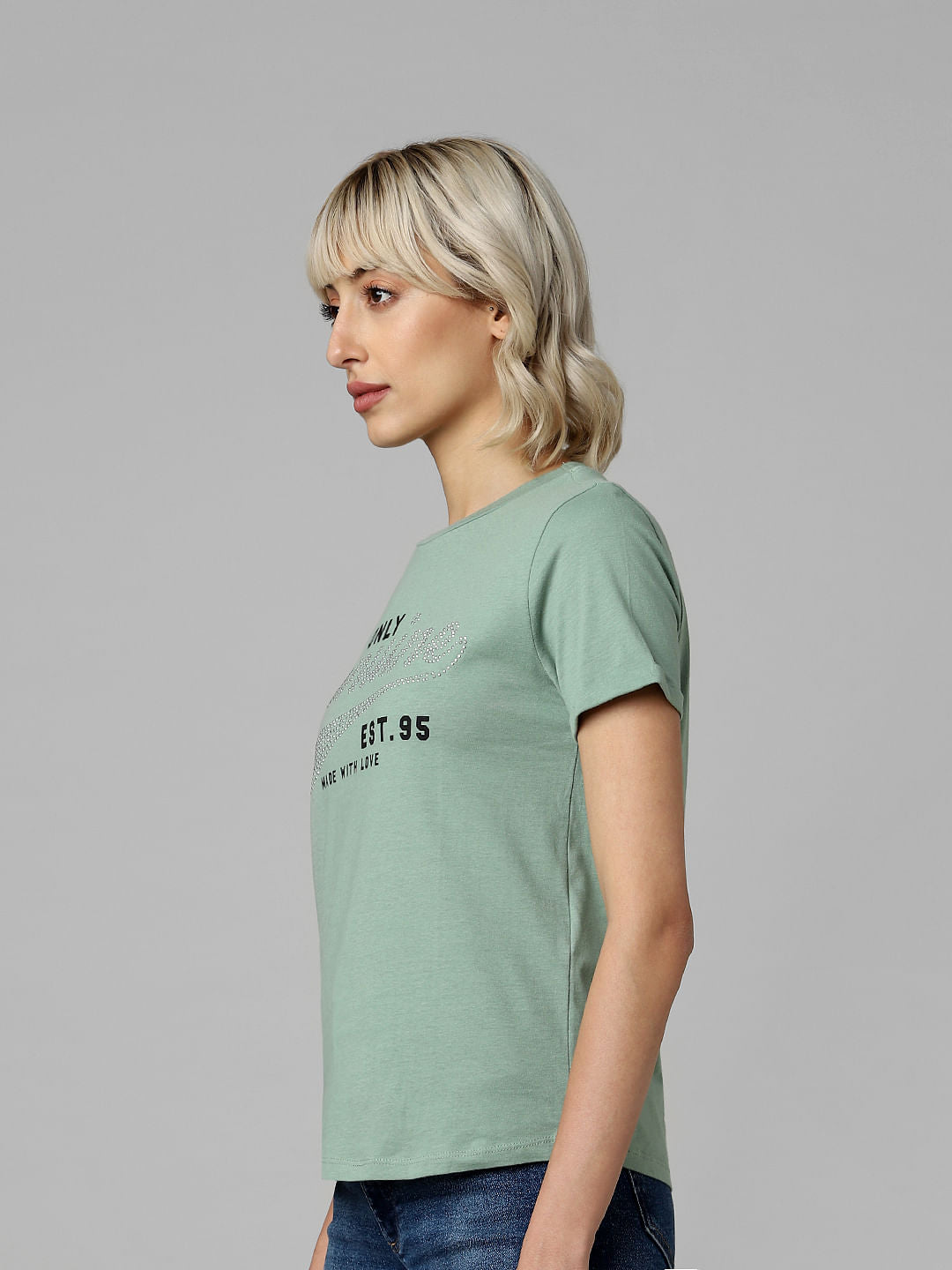 Green Embellished Text Print T-Shirt