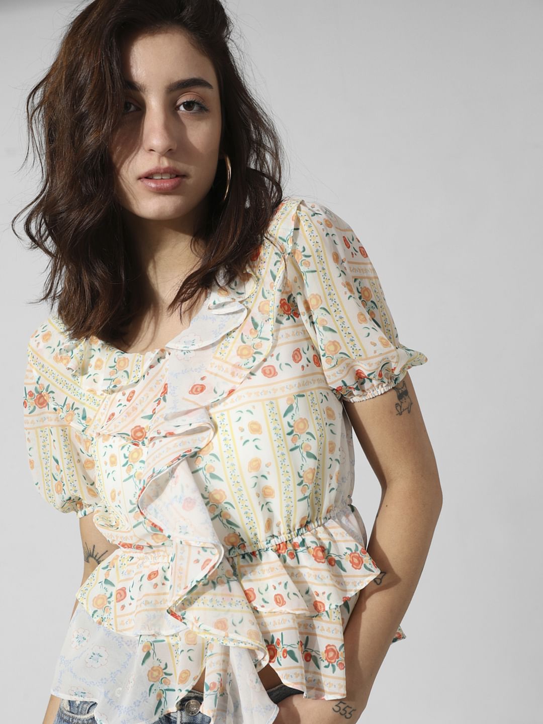 White Printed Frill Trimmed Top