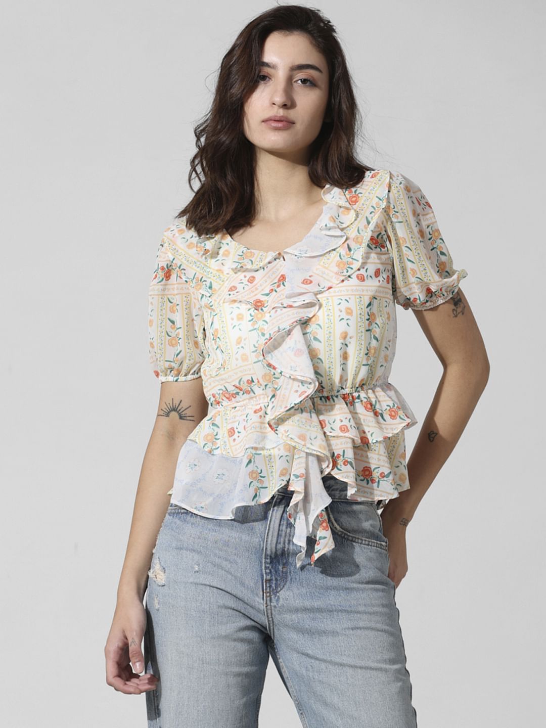 White Printed Frill Trimmed Top