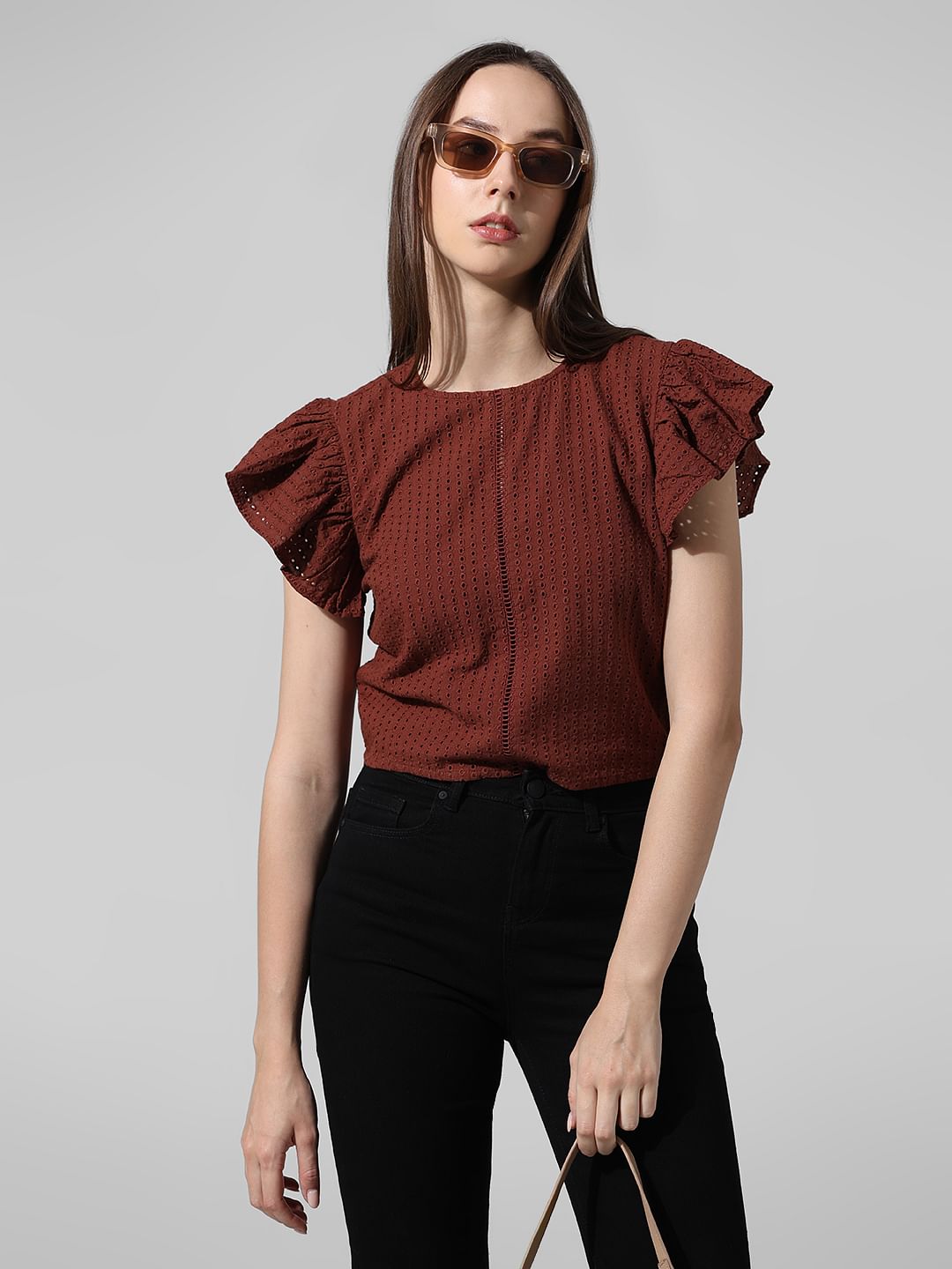 Brown Schiffli Flutter Sleeves Top