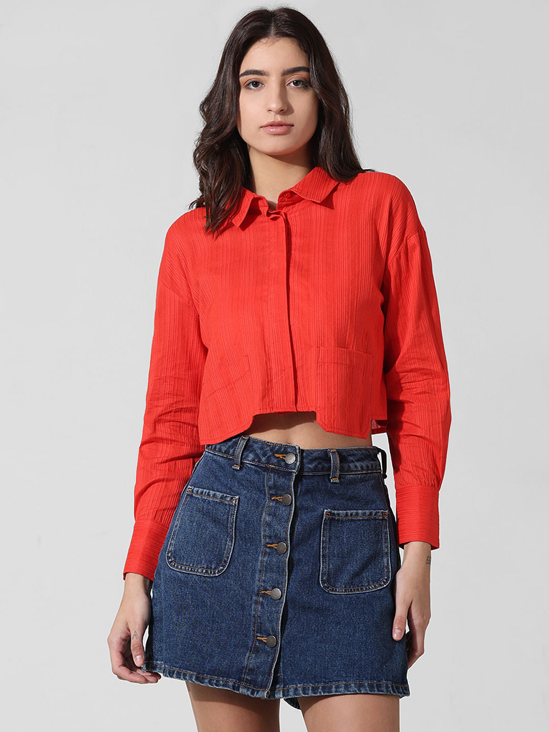 Red Dobby Cropped Shirt