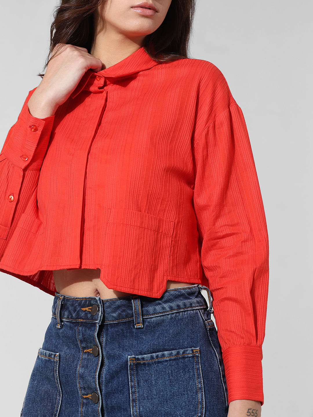Red Dobby Cropped Shirt