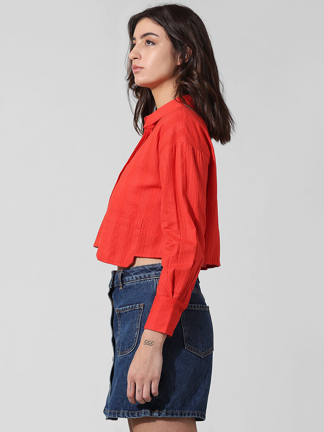 Red Dobby Cropped Shirt