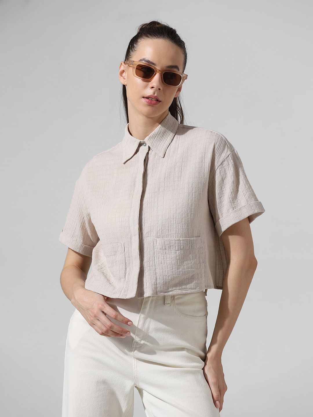 Beige Textured Boxy Fit Shirt - 36