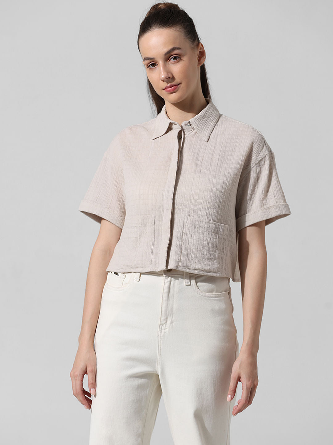 Beige Textured Boxy Fit Shirt