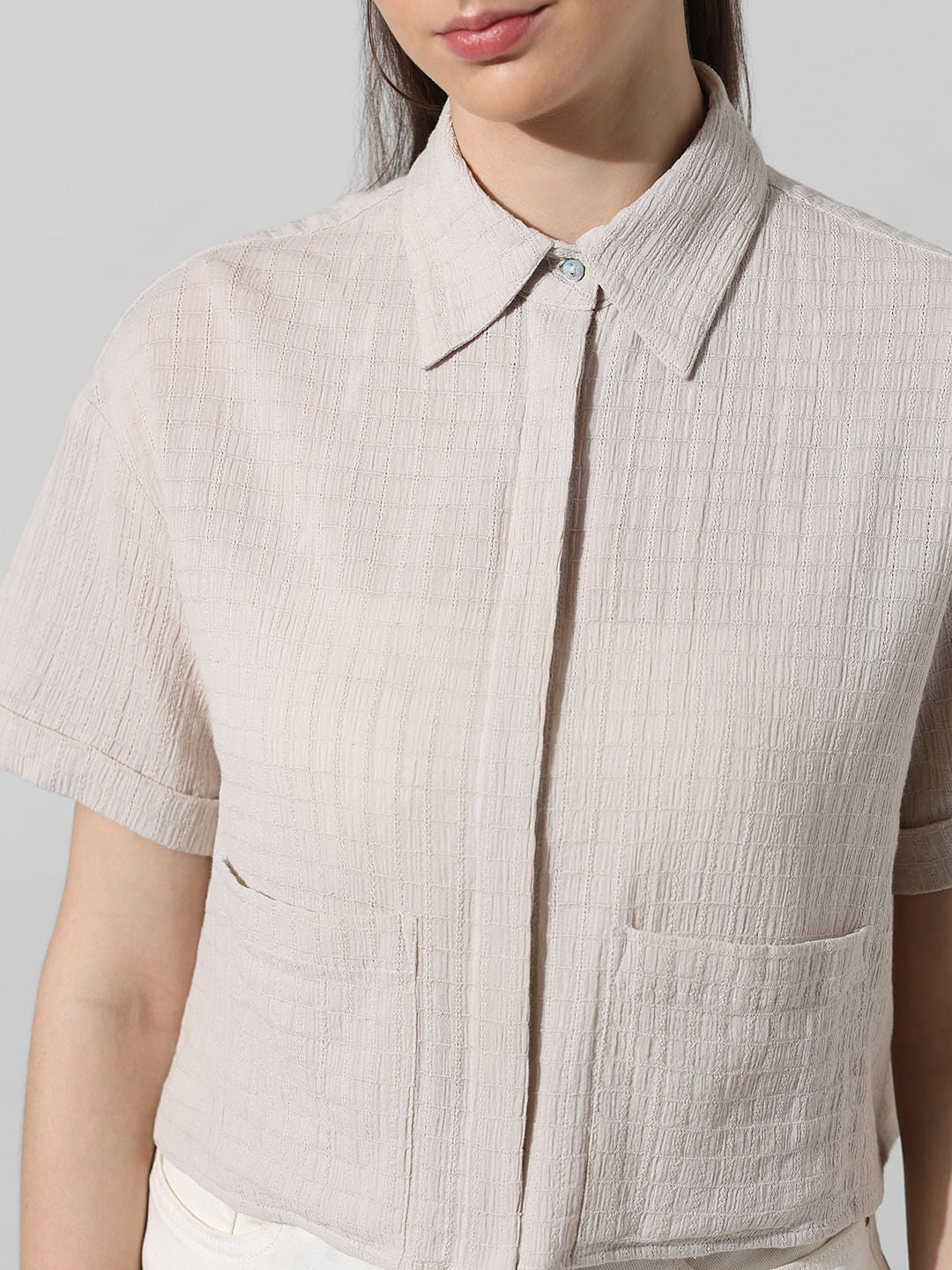 Beige Textured Boxy Fit Shirt