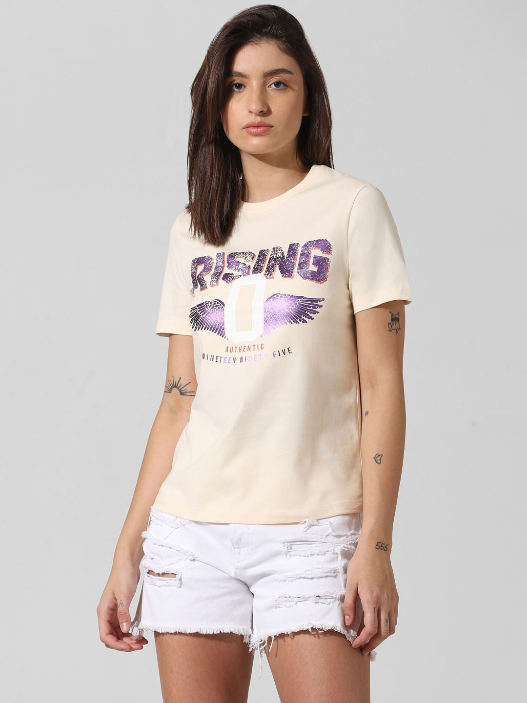 Beige Foil Printed T-Shirt