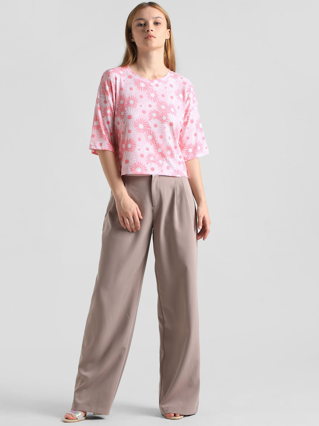 Pink Printed Ribbed T-Shirt