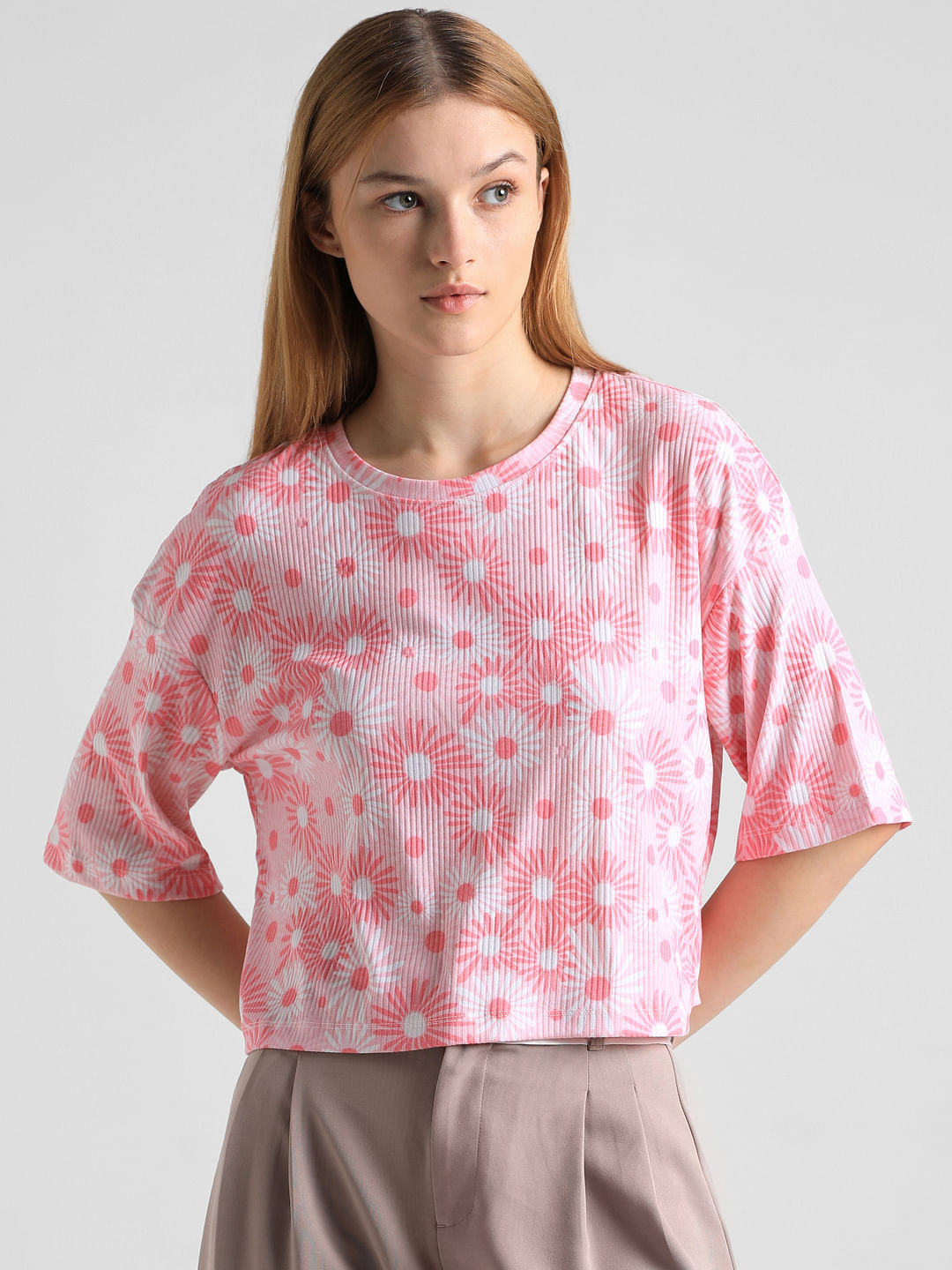Pink Printed Ribbed T-Shirt