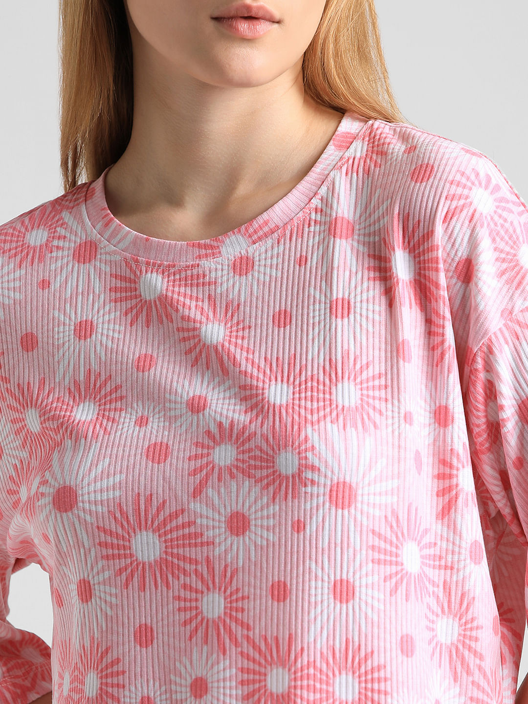 Pink Printed Ribbed T-Shirt