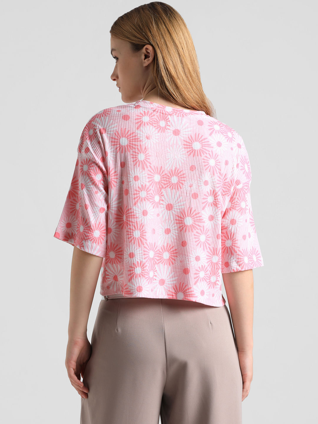 Pink Printed Ribbed T-Shirt