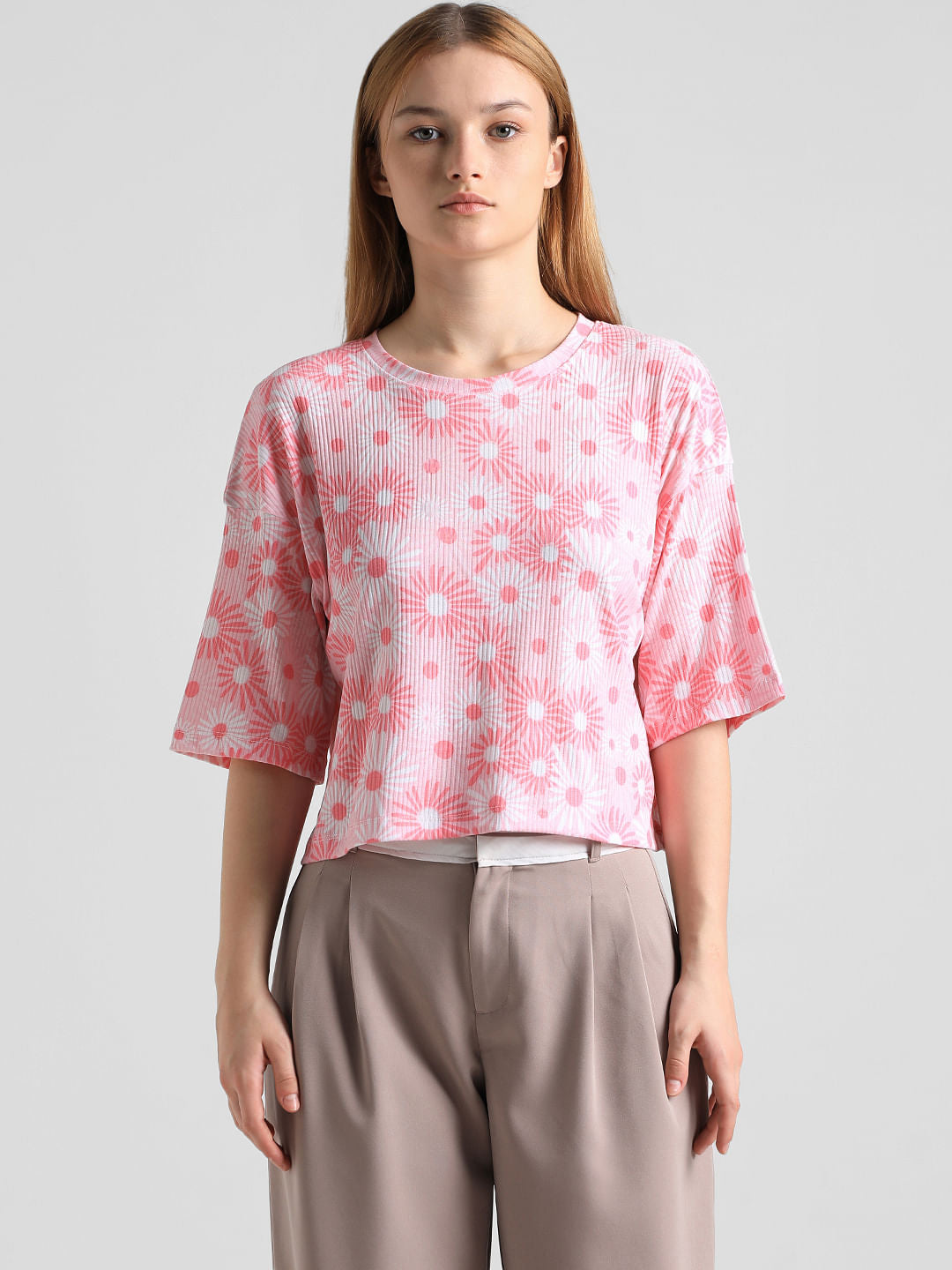 Pink Printed Ribbed T-Shirt