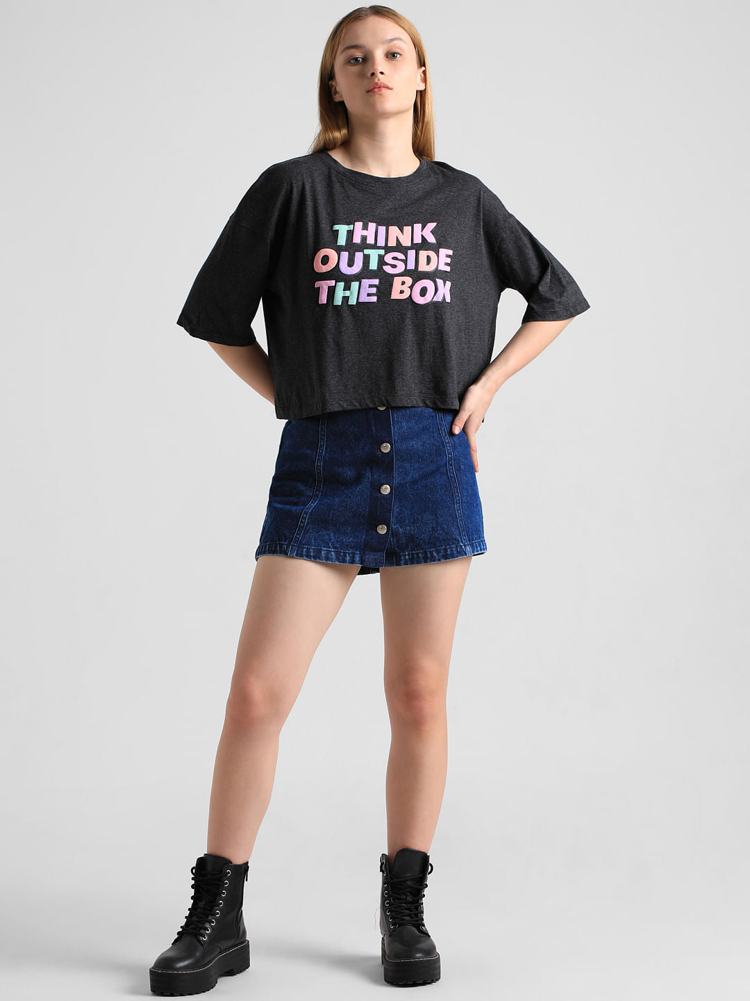 Black Text Print Boxy Fit T-Shirt