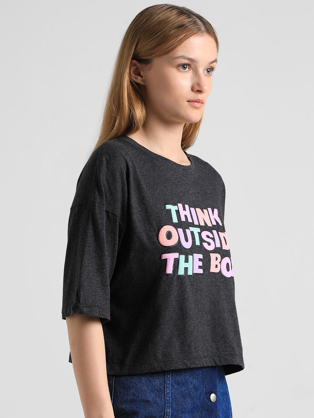 Black Text Print Boxy Fit T-Shirt