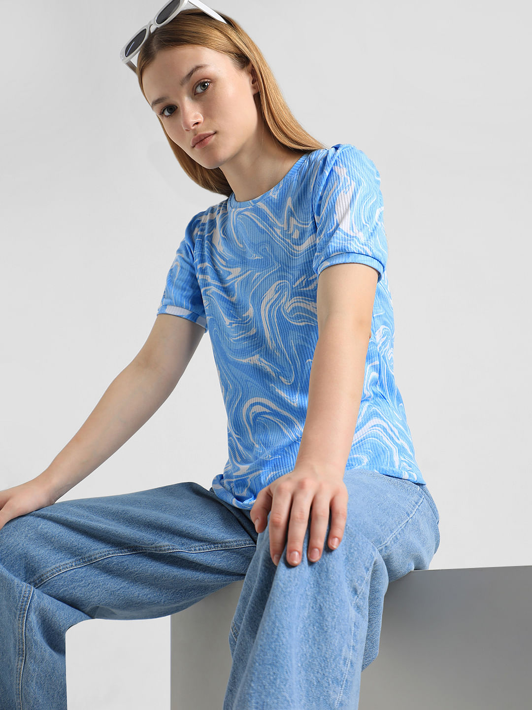 Blue Marble Effect Ribbed T-Shirt