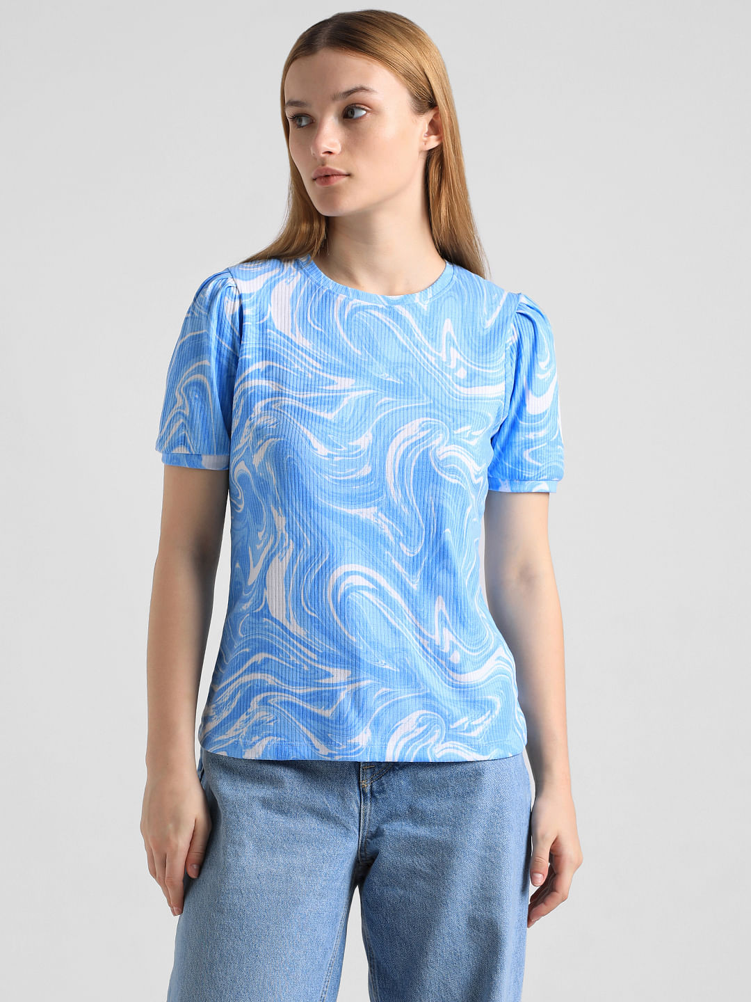 Blue Marble Effect Ribbed T-Shirt