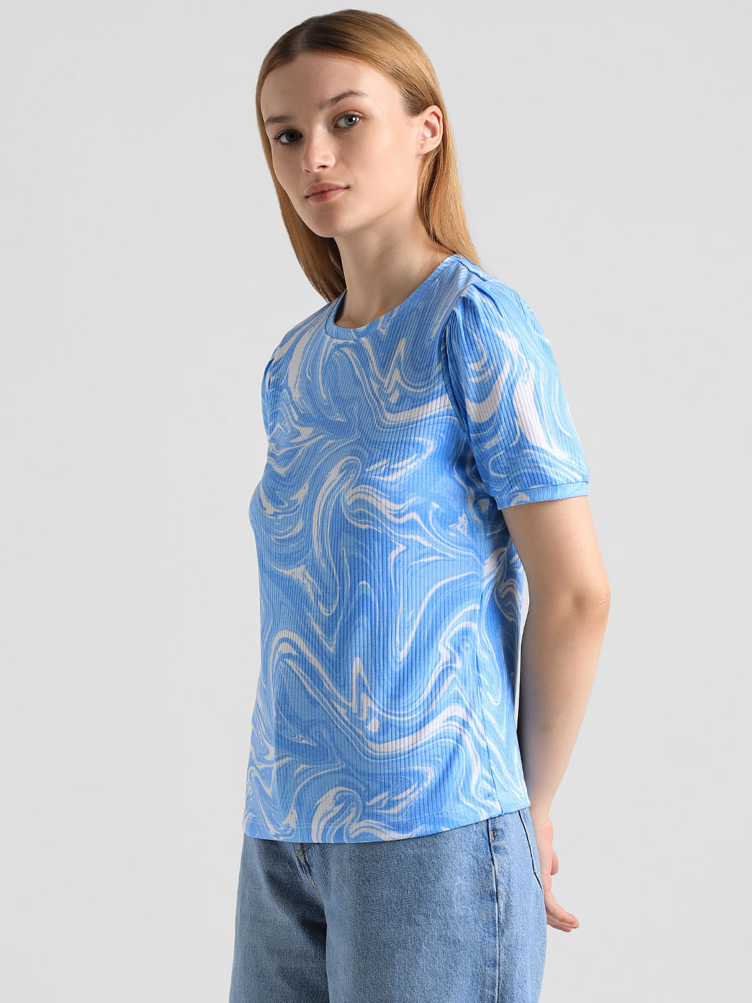 Blue Marble Effect Ribbed T-Shirt