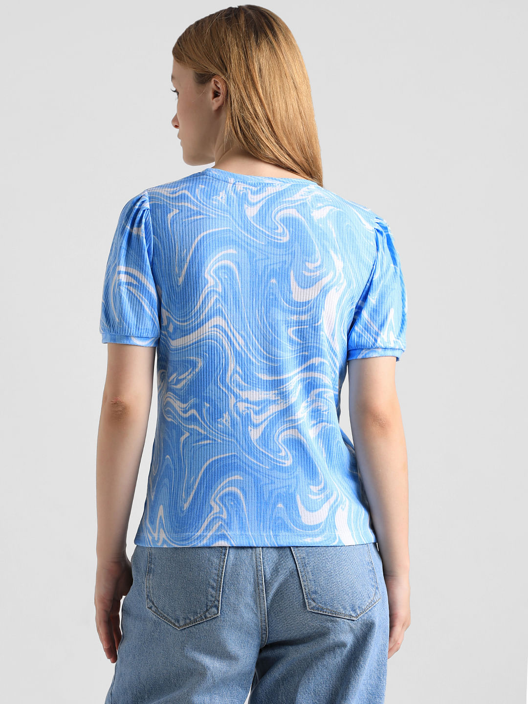Blue Marble Effect Ribbed T-Shirt