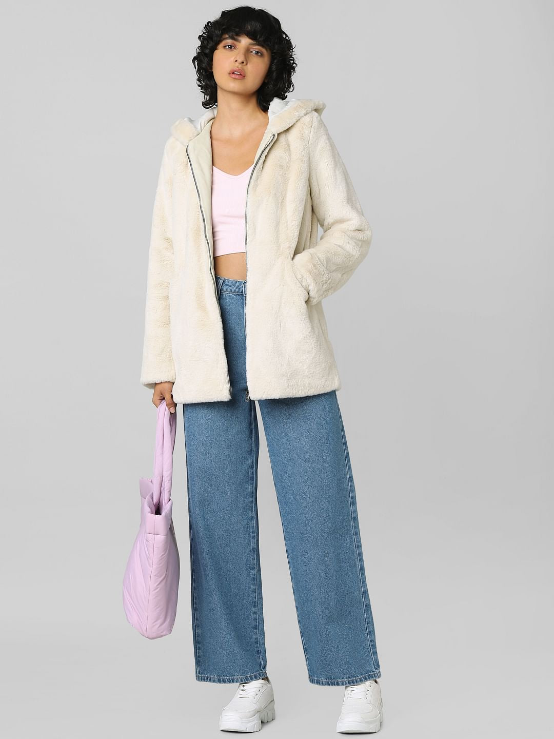 Beige Faux Fur Hooded Coat