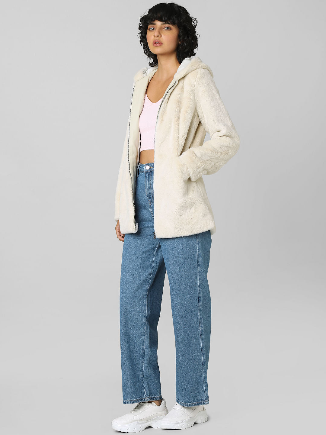 Beige Faux Fur Hooded Coat