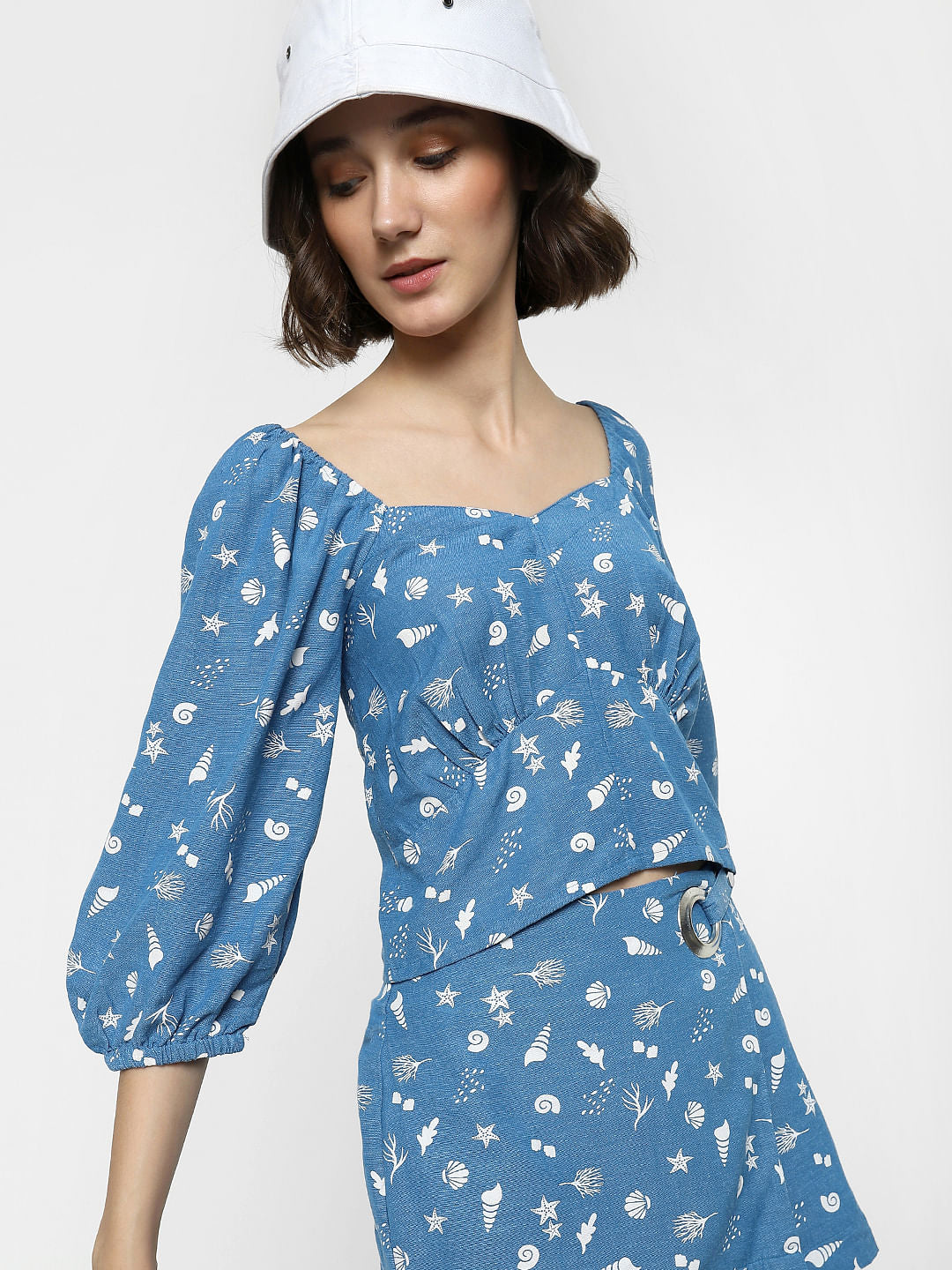 Blue Printed Co-Ord Crop Top