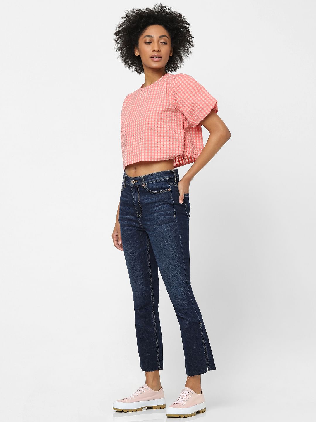 Pink Gingham Check Crop Top