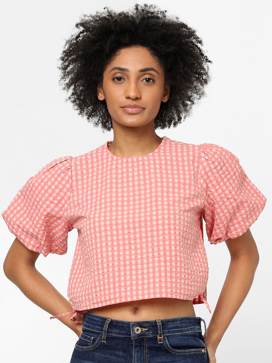 Pink Gingham Check Crop Top