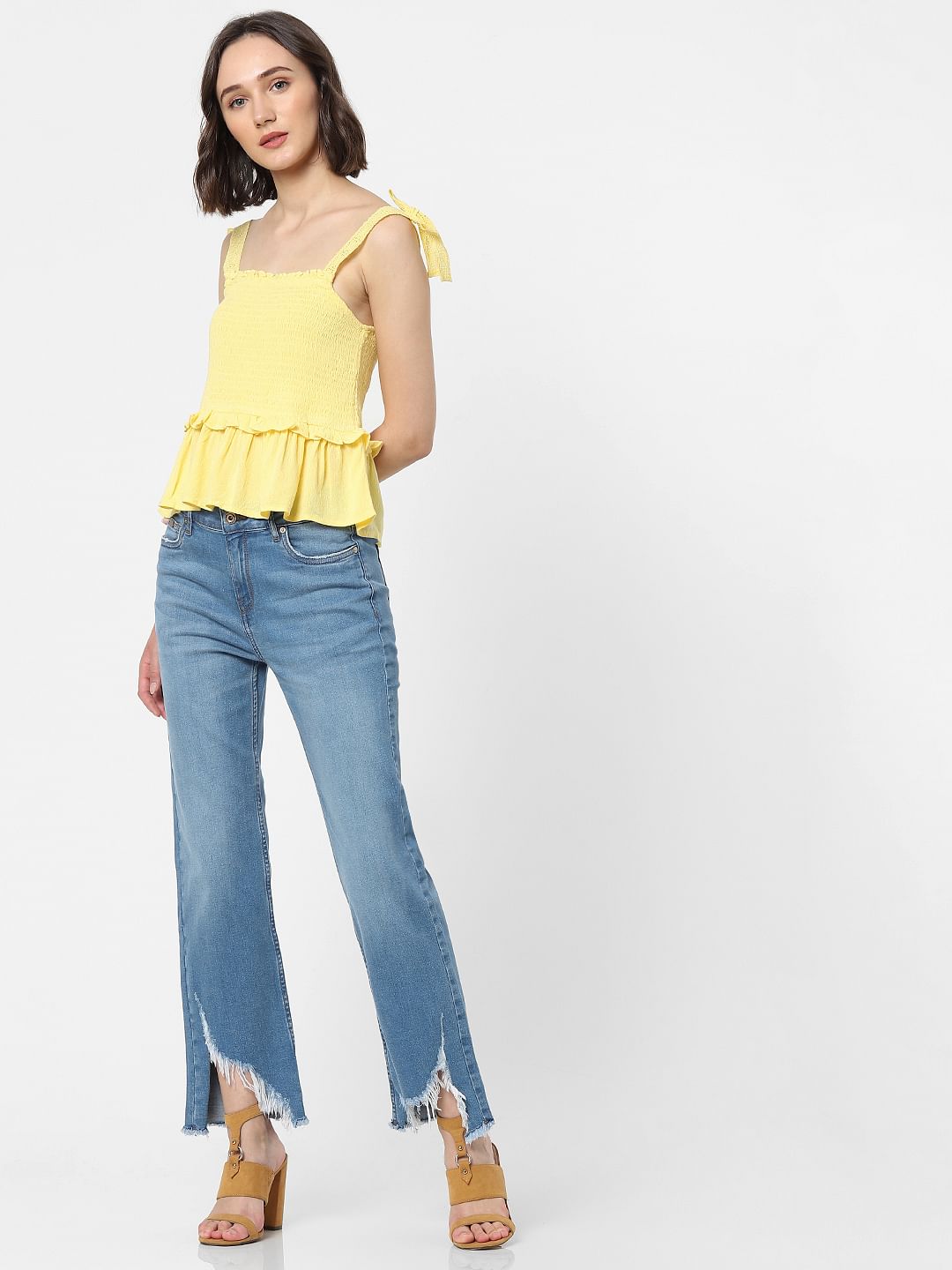 Yellow Smocked Peplum Top