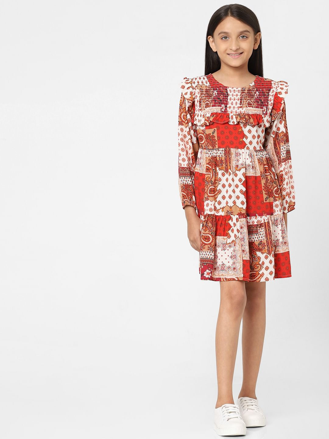 Girls Red Printed Dress