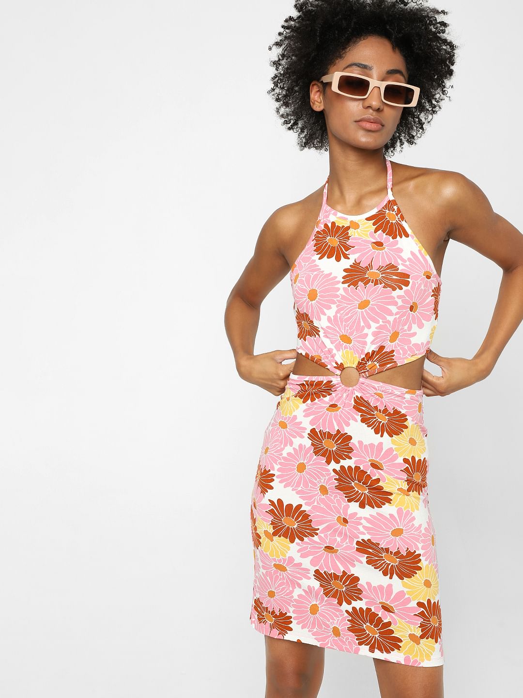 Pink Floral Cut Out Dress