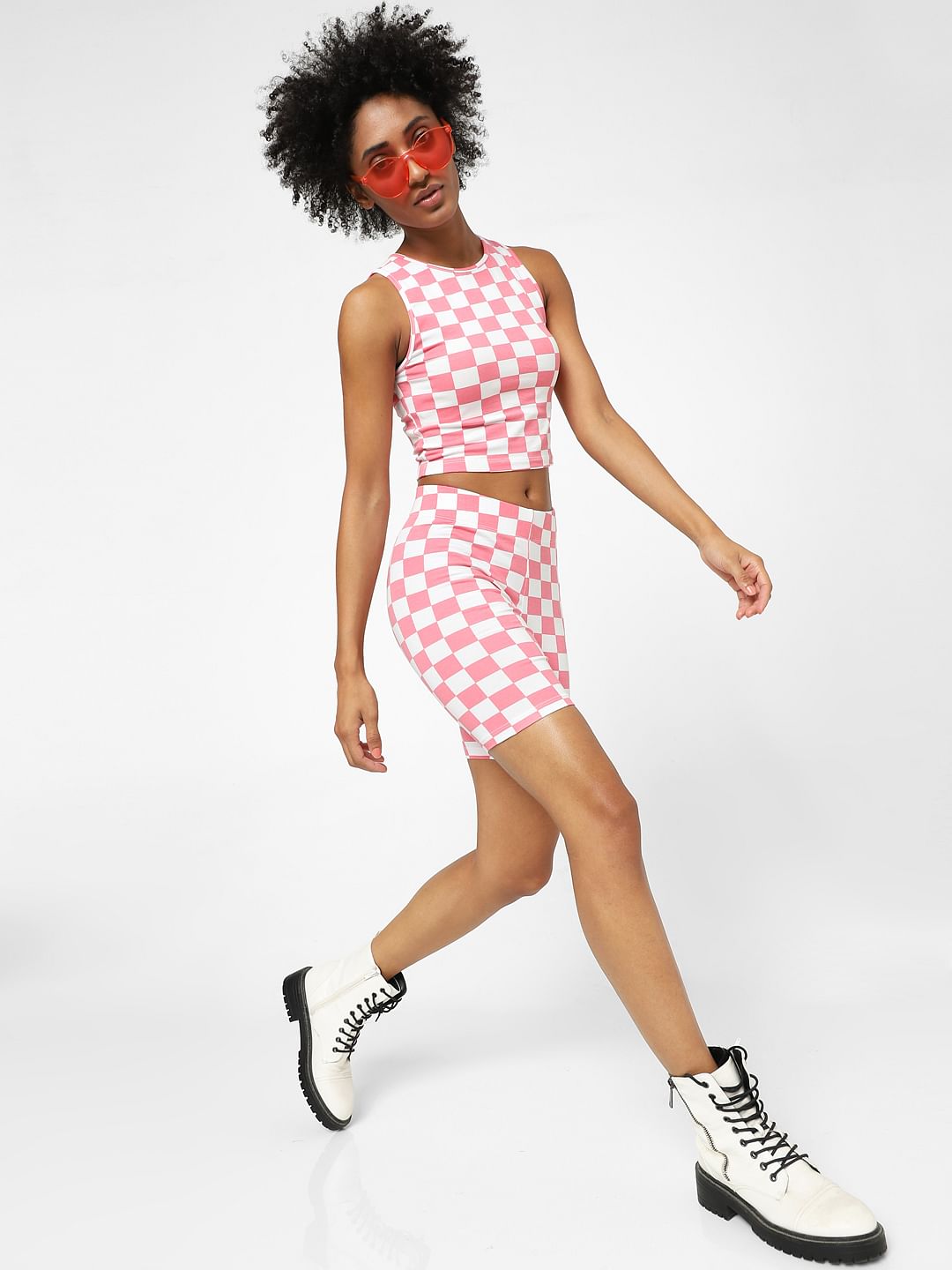 White Check Biker Co-Ord Shorts