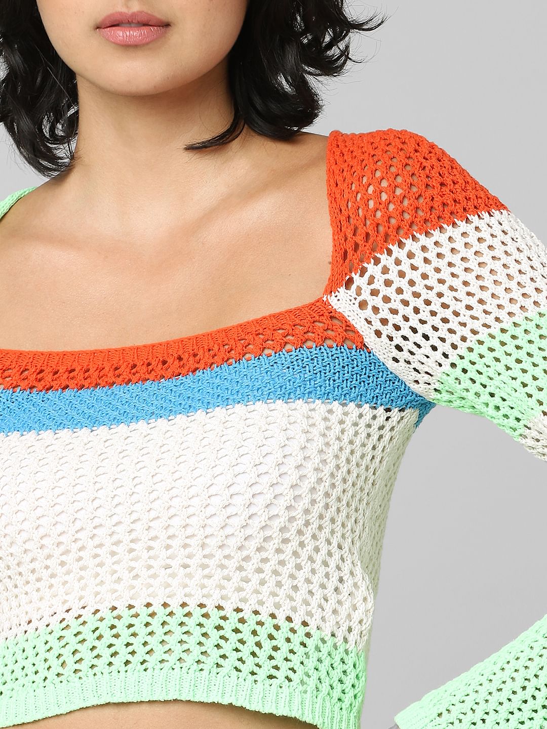 Beige Hole-Knit Colourblocked Pullover