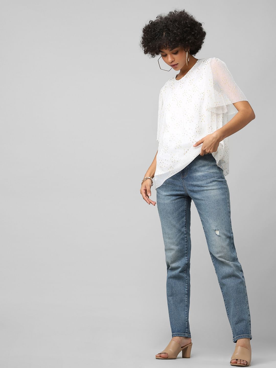 Blue High Rise Distressed Straight Jeans