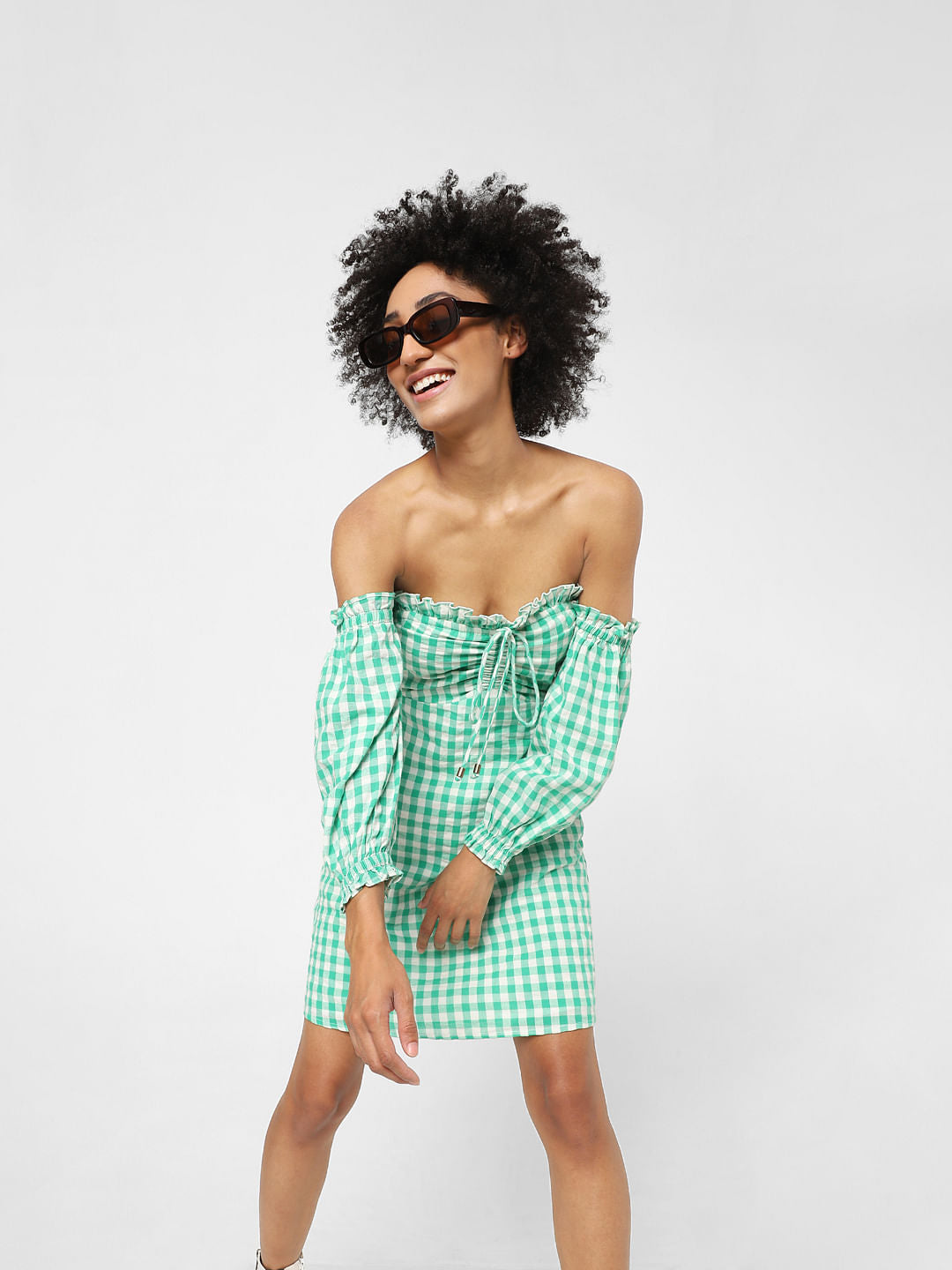 Green Checked Off Shoulder Dress