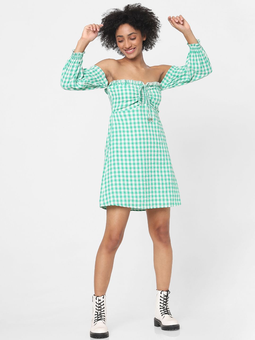 Green Checked Off Shoulder Dress