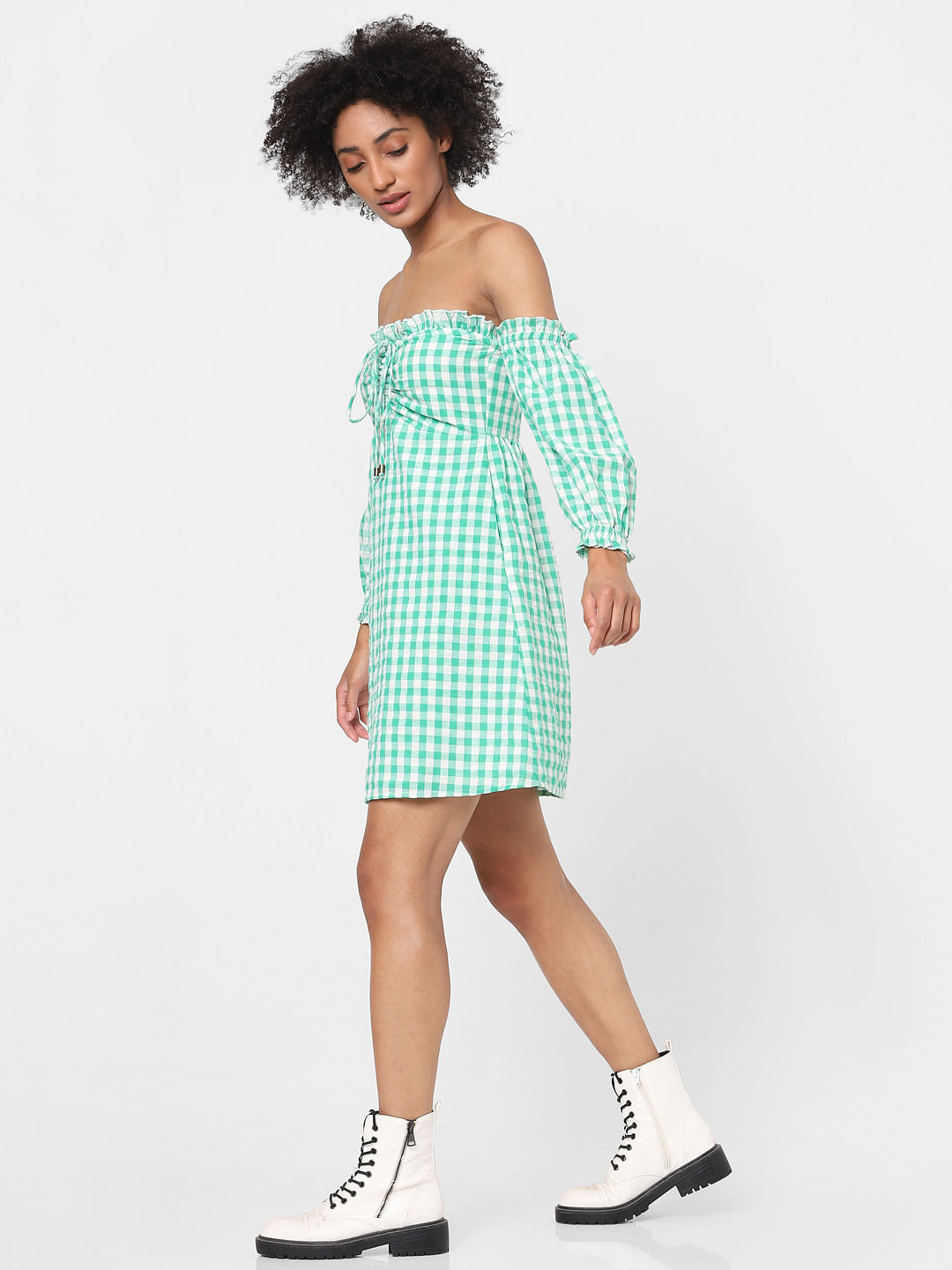 Green Checked Off Shoulder Dress