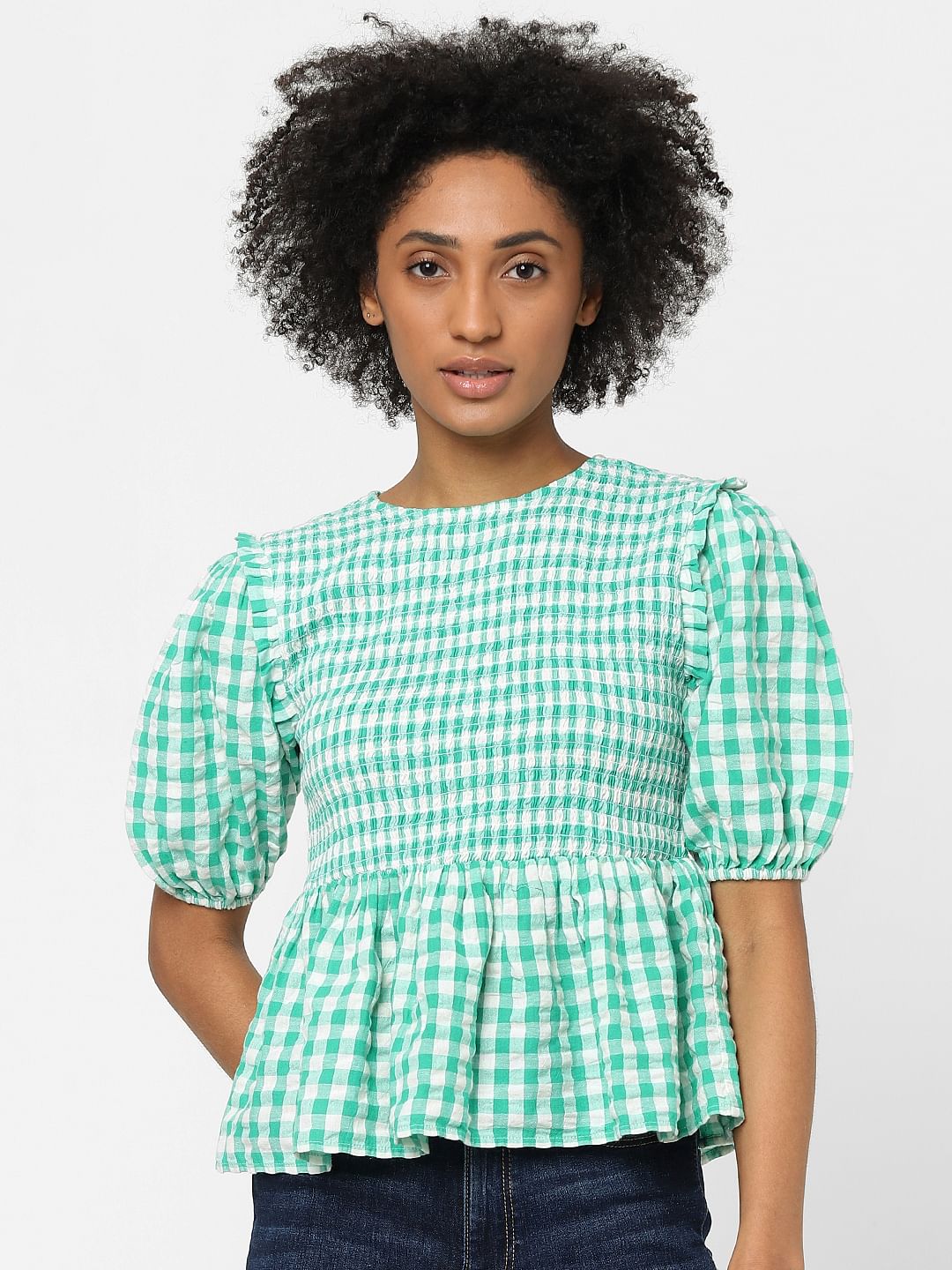 Green Checked Peplum Top