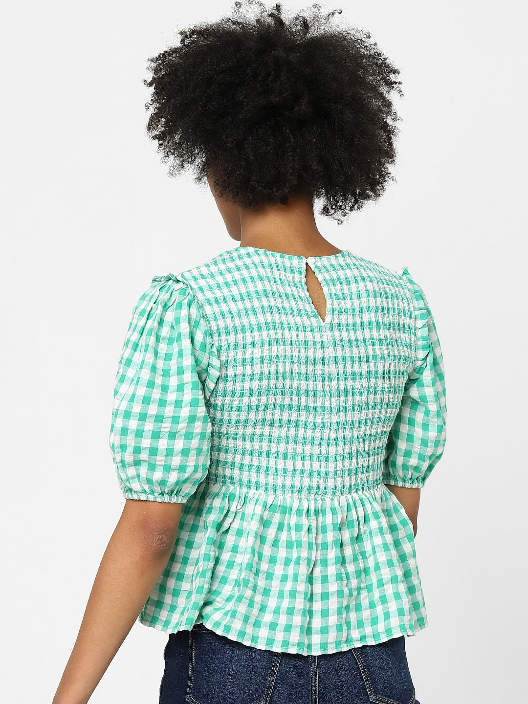 Green Checked Peplum Top