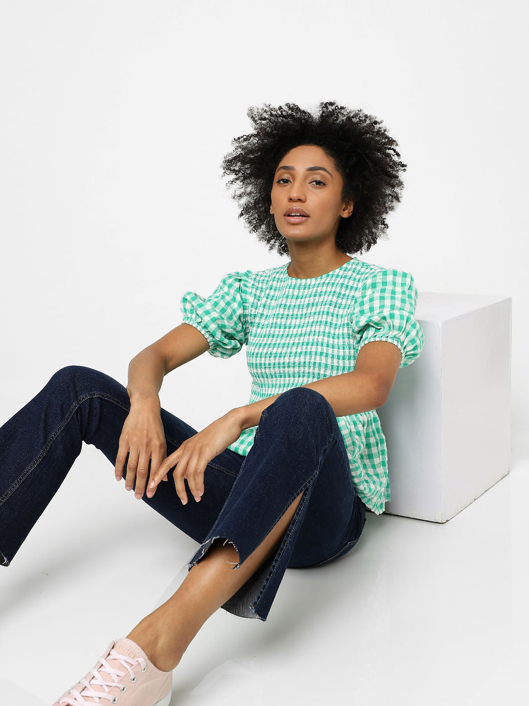 Green Checked Peplum Top