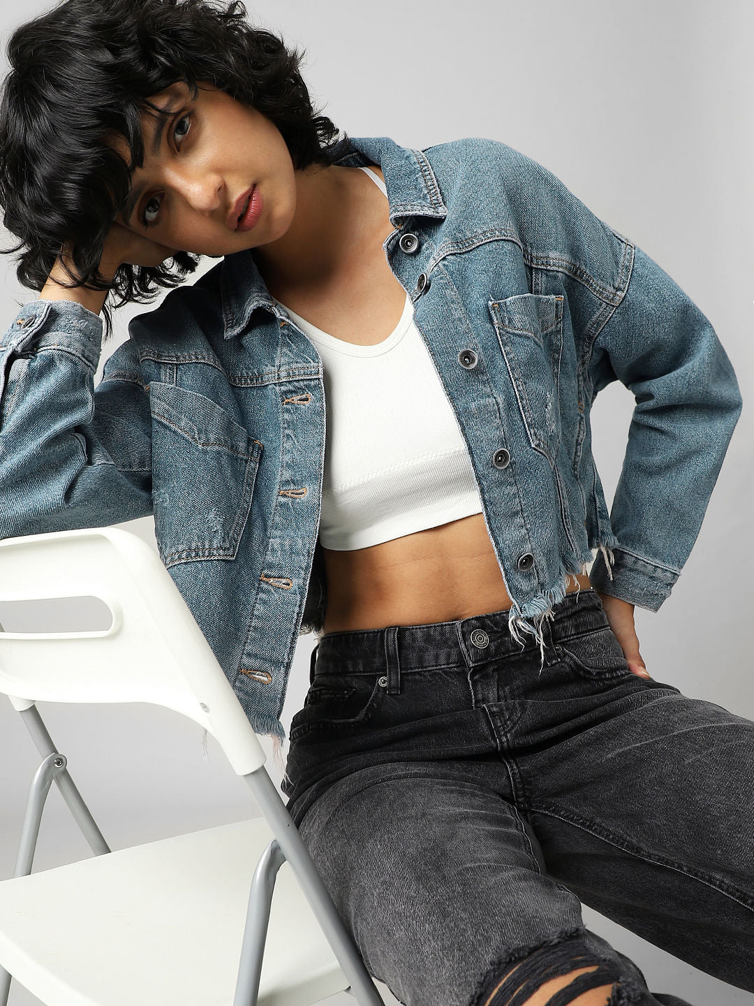 Blue Distressed Cropped Denim Jacket