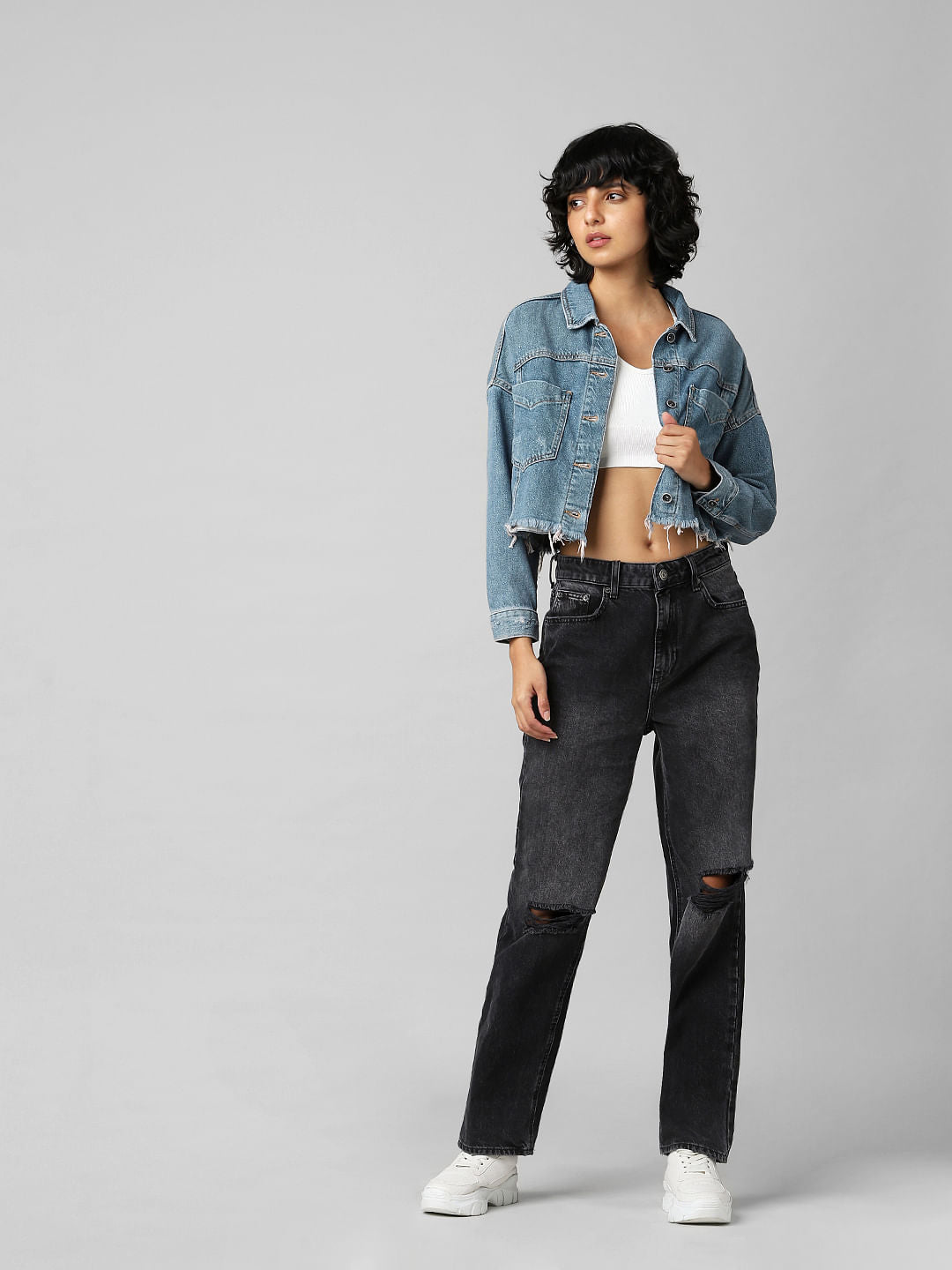 Blue Distressed Cropped Denim Jacket