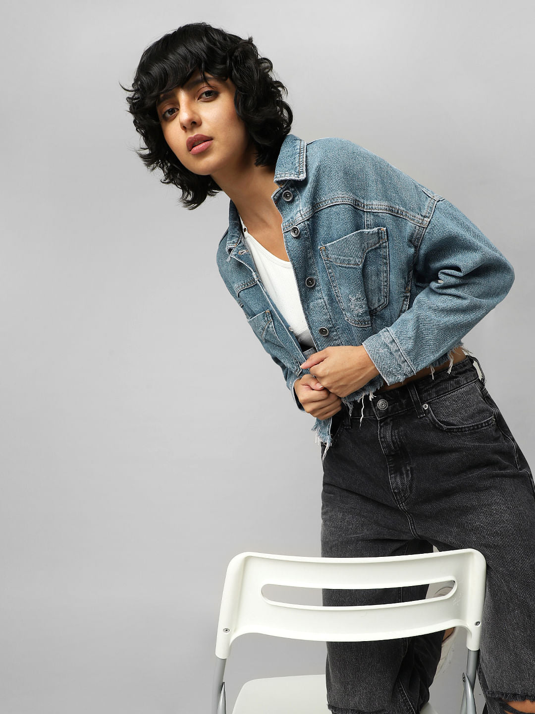 Blue Distressed Cropped Denim Jacket