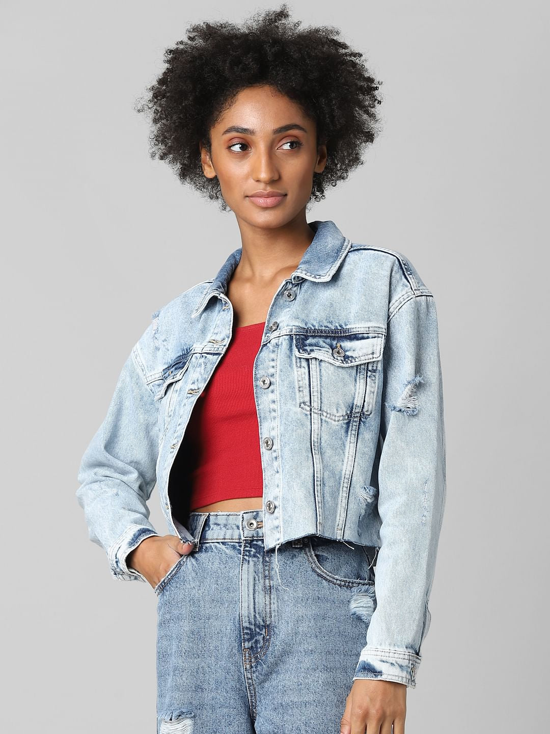 Light Blue Distressed Cropped Denim Jacket