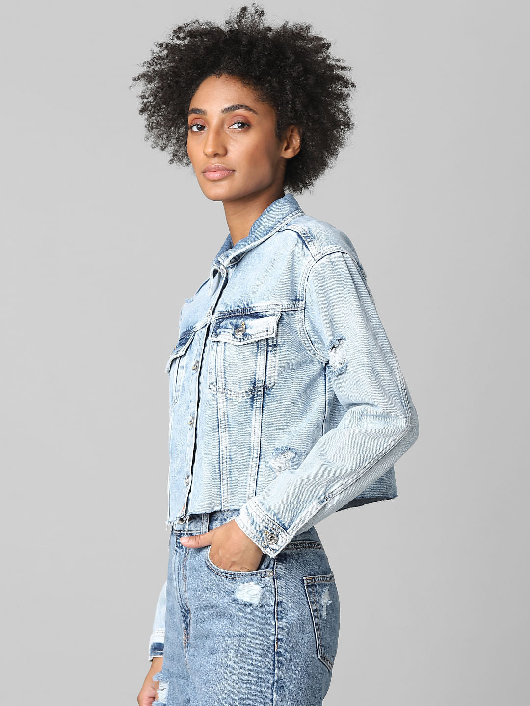 Light Blue Distressed Cropped Denim Jacket