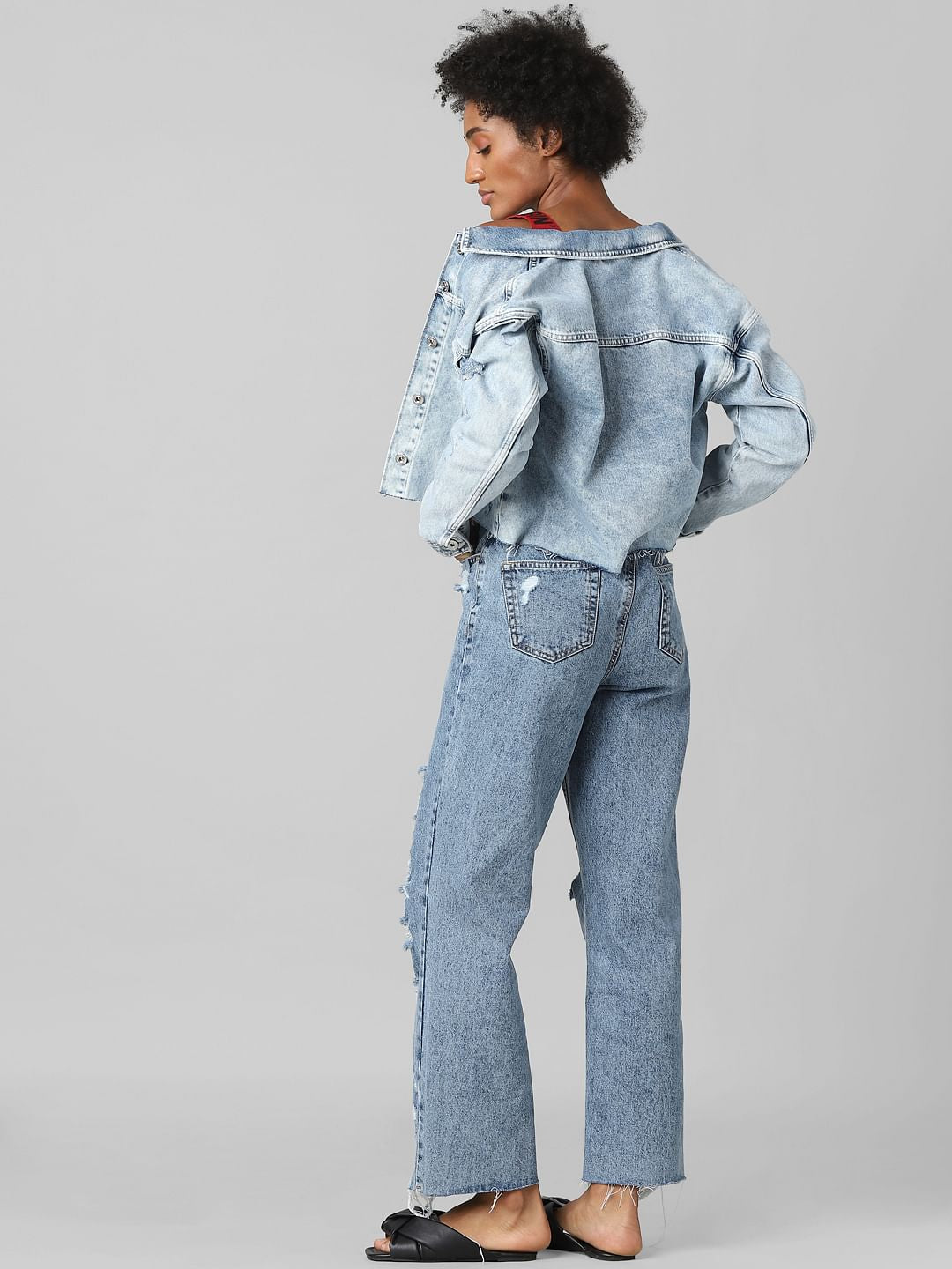 Light Blue Distressed Cropped Denim Jacket