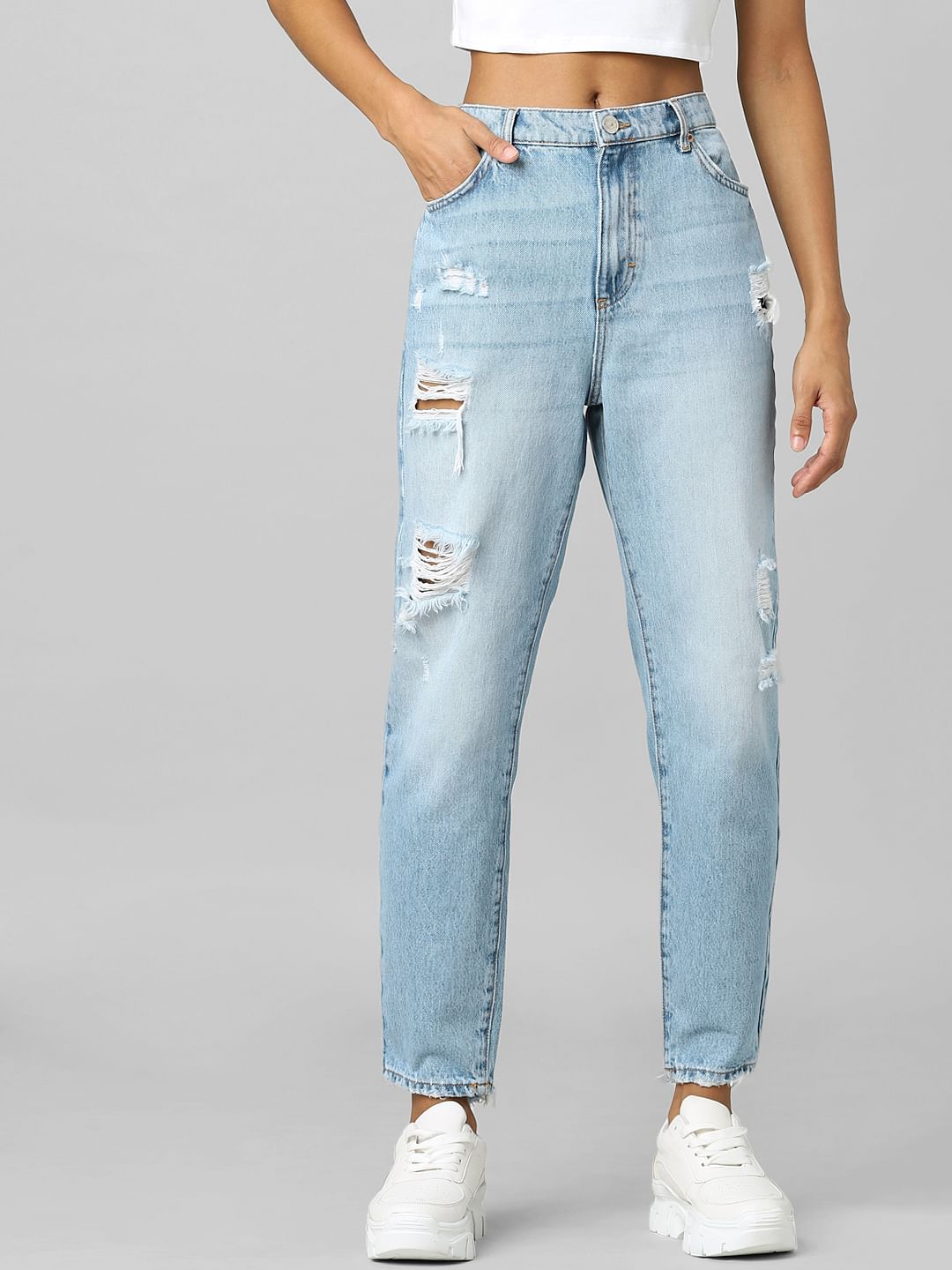 Light Blue High Rise Distressed Boyfriend Jeans