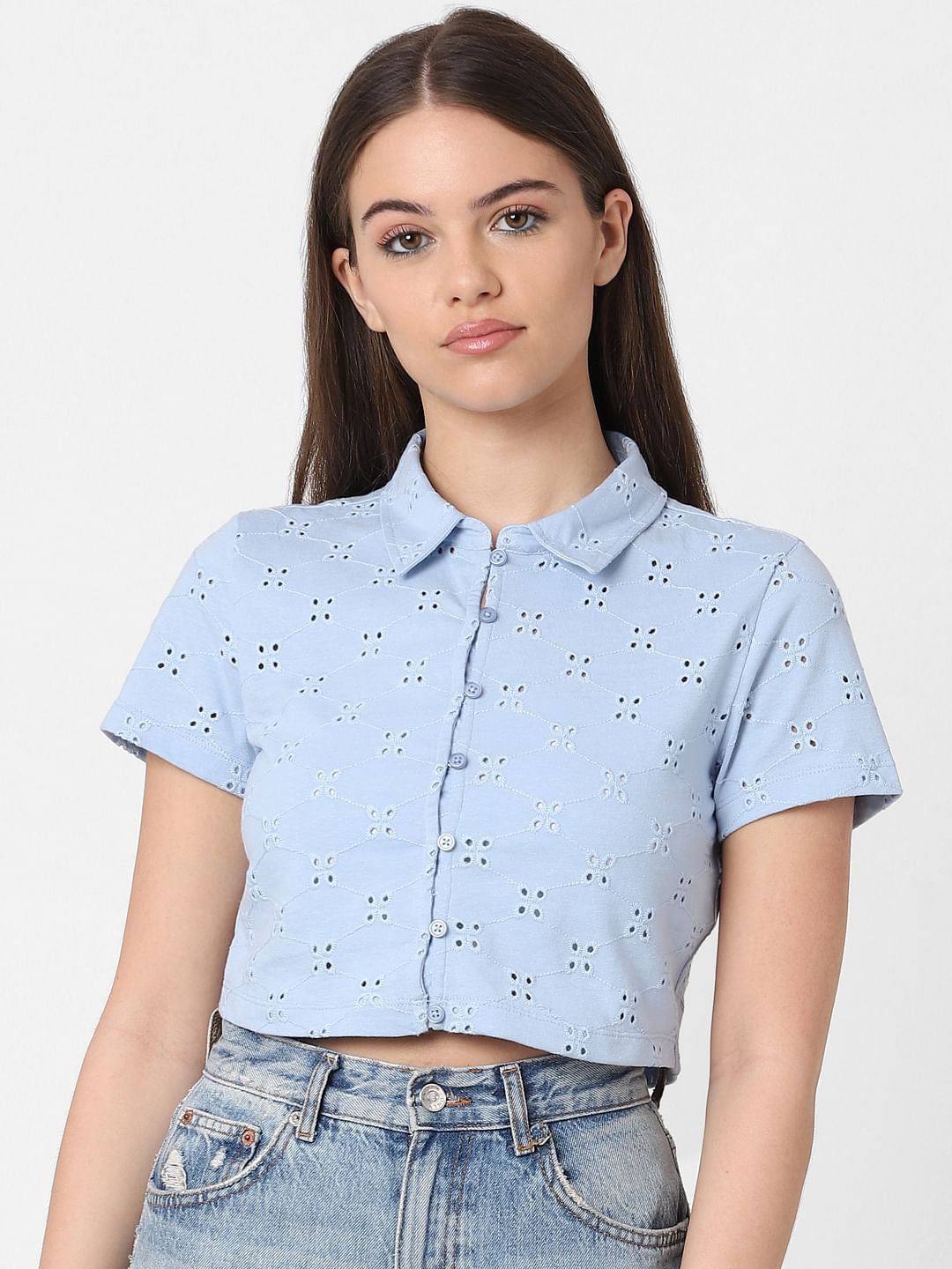 Blue Schiffli Cropped Shirt