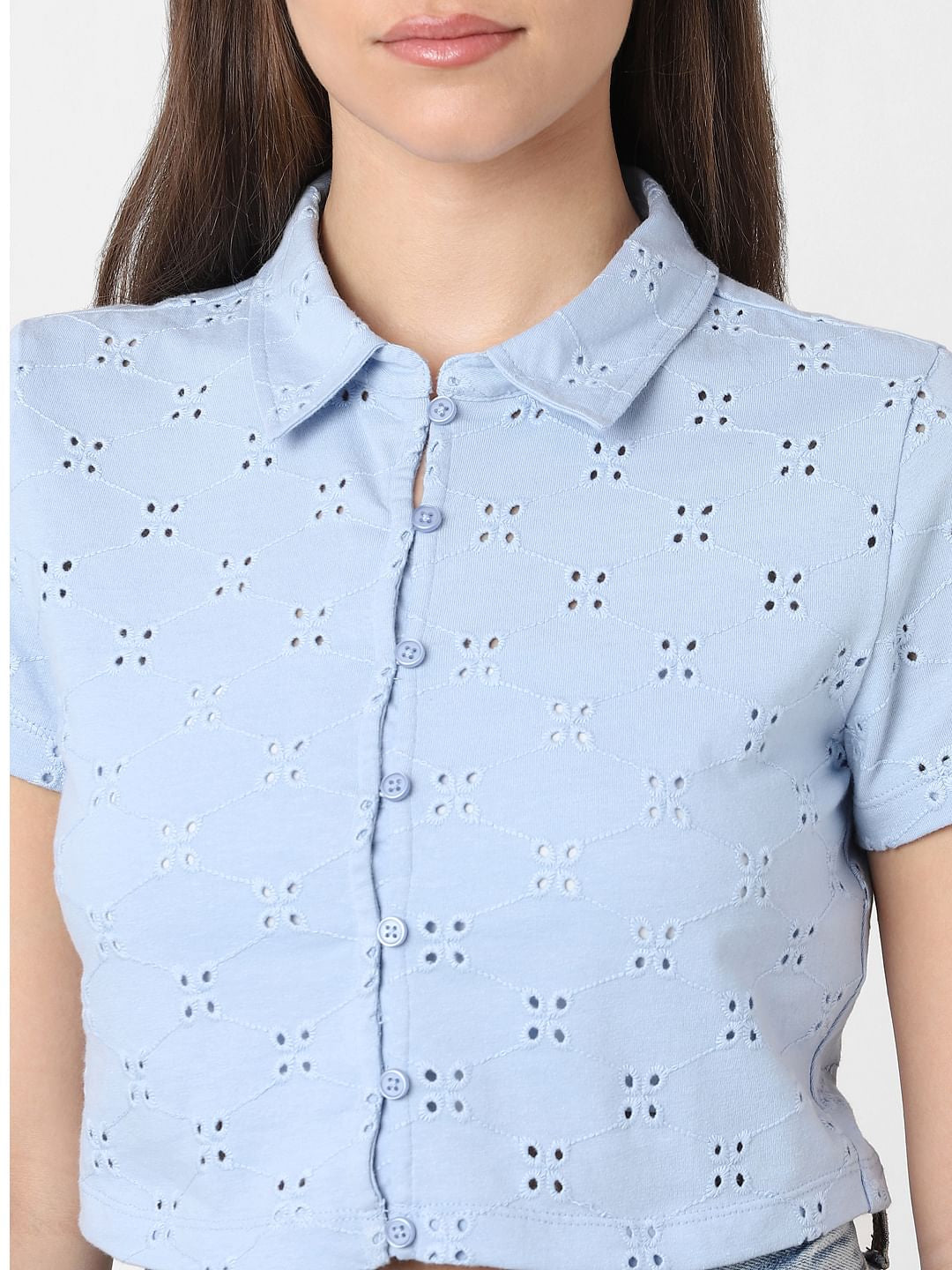 Blue Schiffli Cropped Shirt