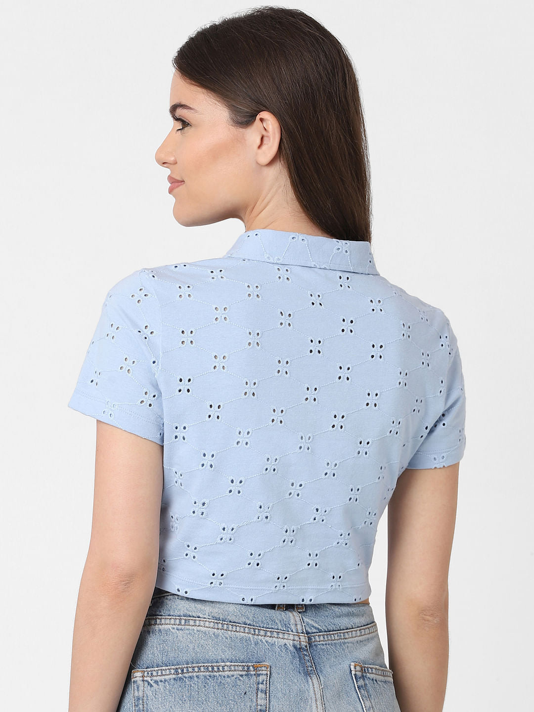 Blue Schiffli Cropped Shirt