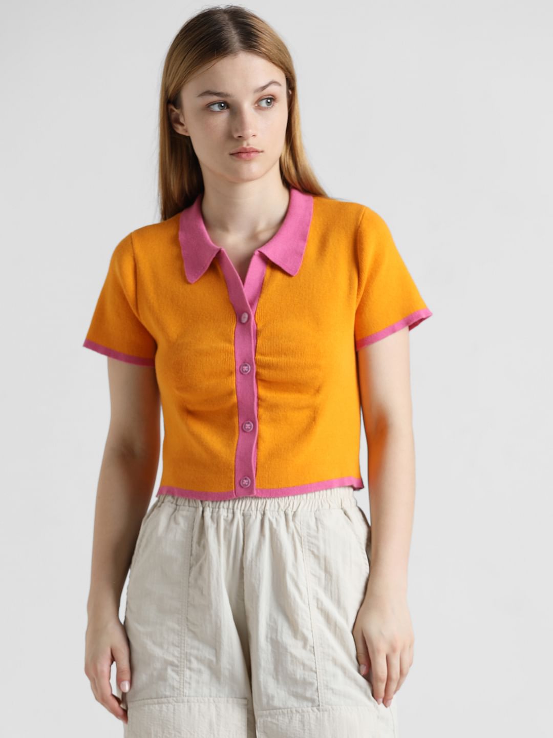 Orange Colourblocked Knit Polo Shirt